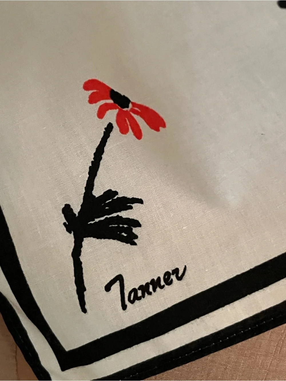 TANNER Summer Preppy Palm Graduating Orange/Red Abstract Floral Black Trim Scarf